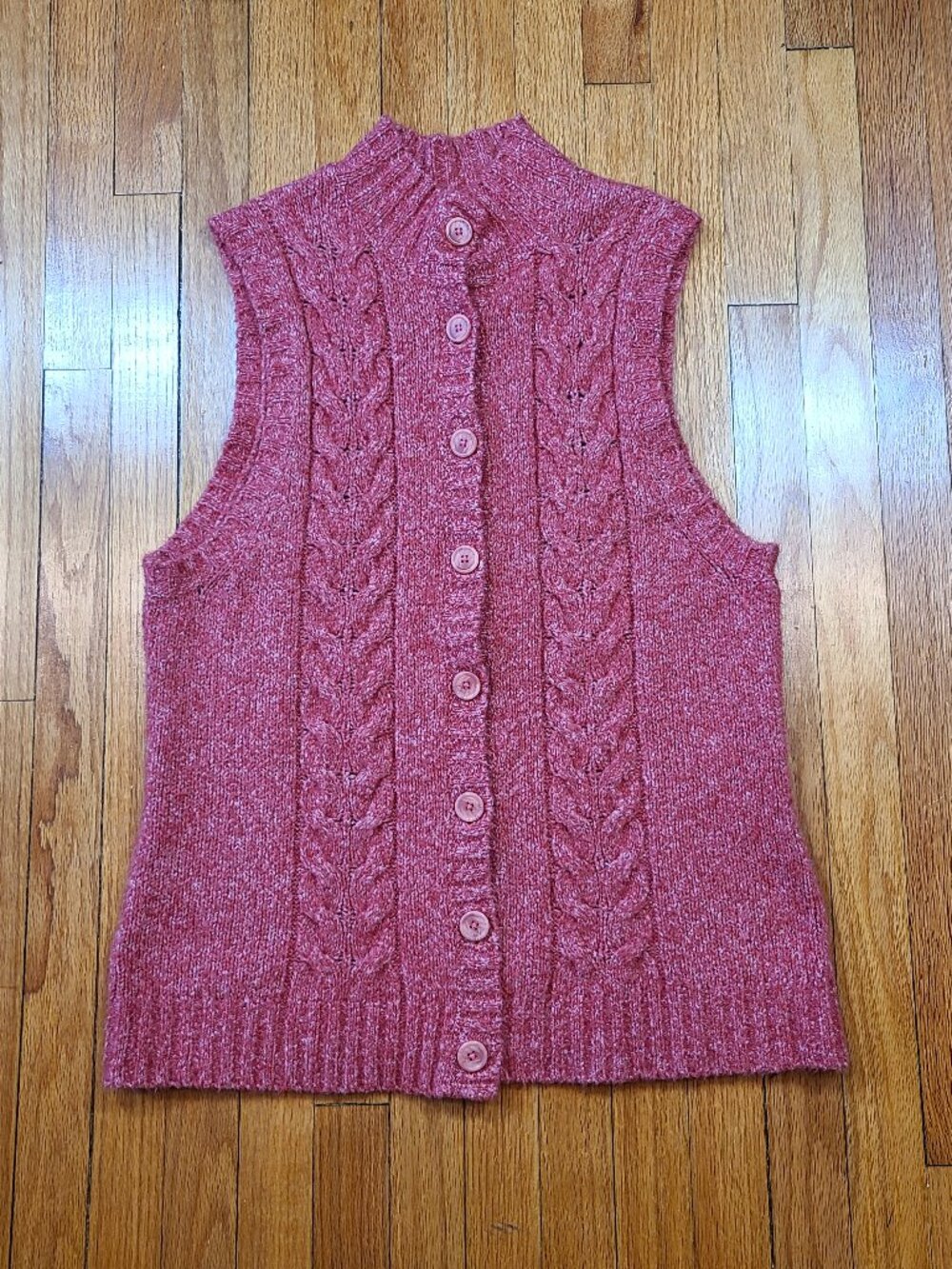 L.L. Bean Cable Knit Sweater Vest Mock Neck Button Front Marled Pink XL